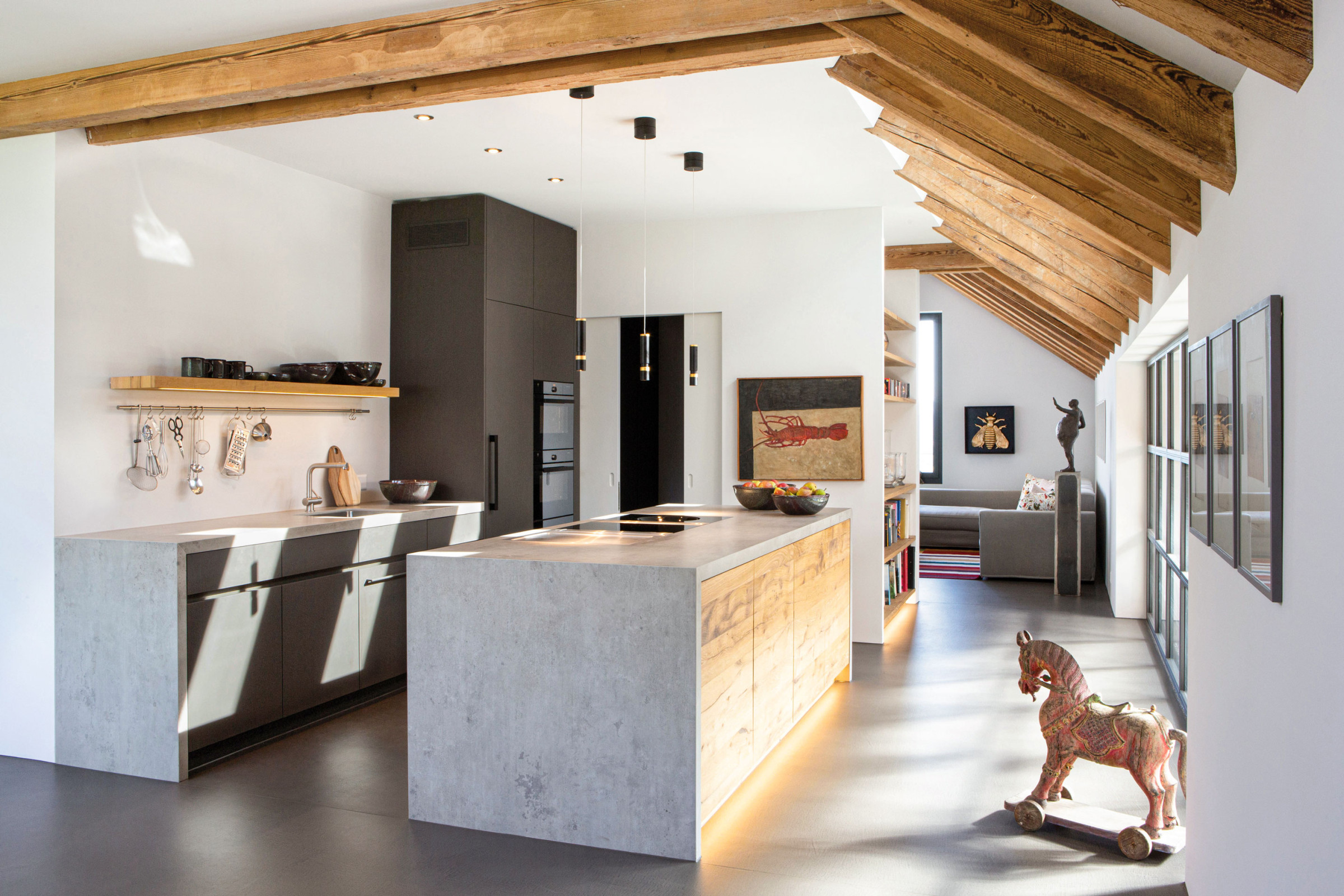 Raum mit grosser offenen K&uuml;che aus Beton und Holz